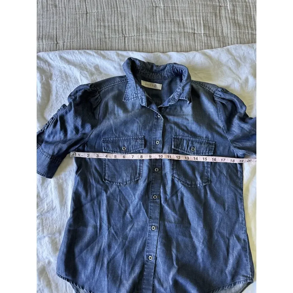 Billy T Women’s Denim Button Up Puff Sleeve Blouse Size Small Boho Chic Casual - Picture 9 of 10